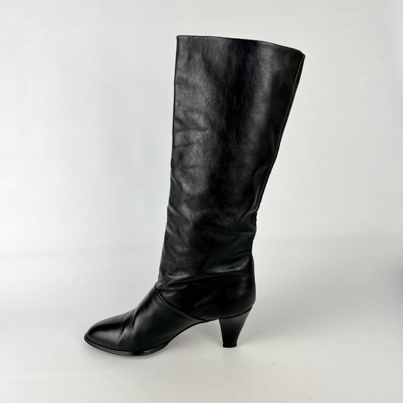 Joyce Vintage Womens Narrow Black Leather Tall Heeled Boots Vtg 80s size 7N - Picture 7 of 16